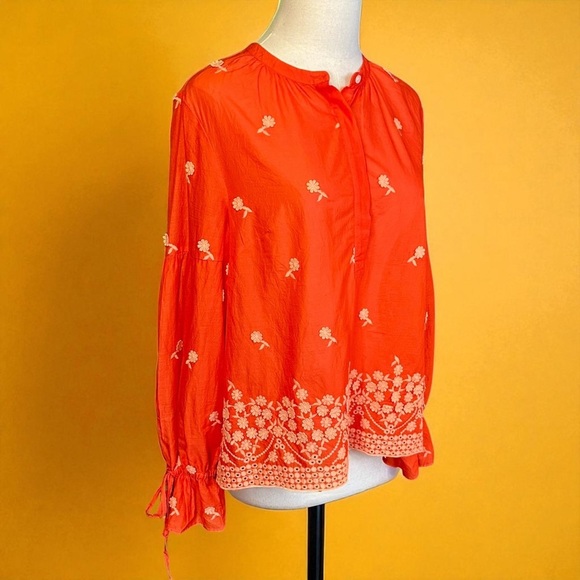 J. Crew Floral Embroidered Cotton Gauze Popover Top in Fiery Sunset Red / Orange - Picture 16 of 16